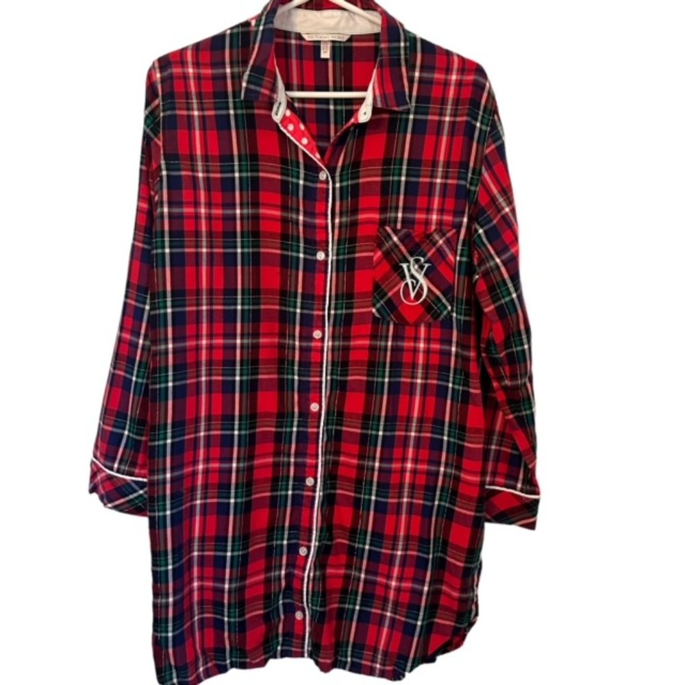 Women's Victoria's Secret Red Plaid Button Down Midi Night Shirt Excellent SMALL
